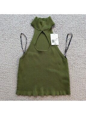 NWT Forever 21 Sweater Top L Women Halter Ribbed Knit Olive Green Backless
